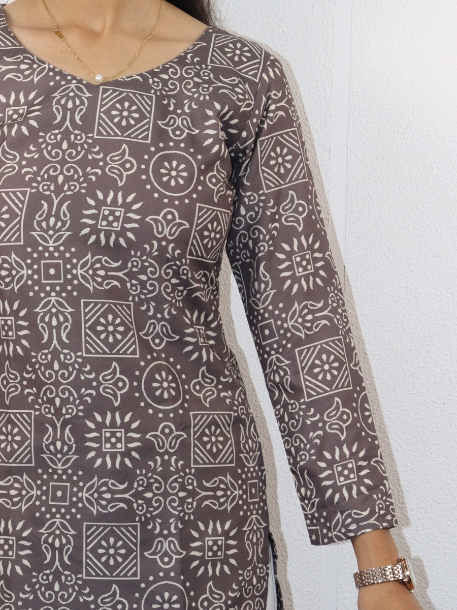 Elegant Brown Printed Kurti: Elevate Your Everyday Style with the Aaradhya V-Neck - Aanzri fashion