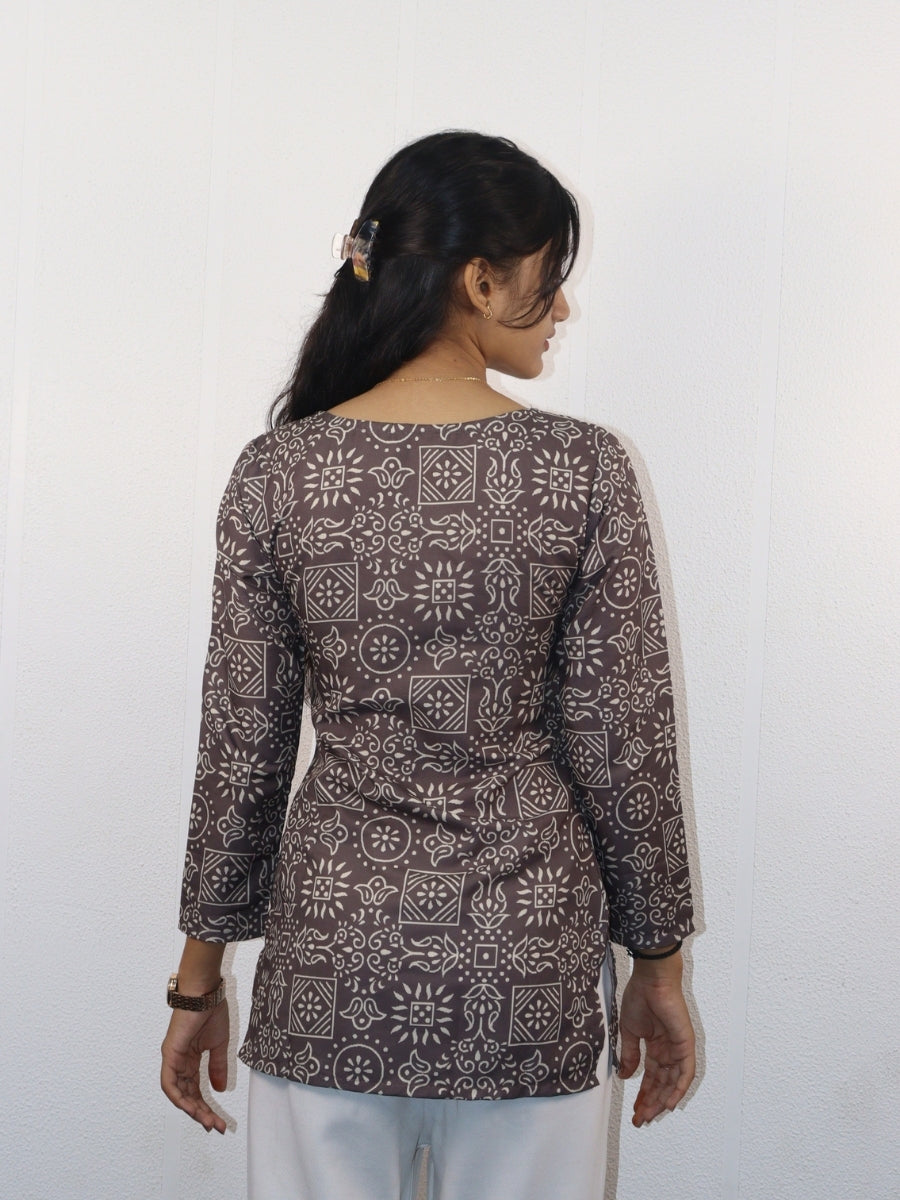 Elegant Brown Printed Kurti: Elevate Your Everyday Style with the Aaradhya V-Neck - Aanzri fashion