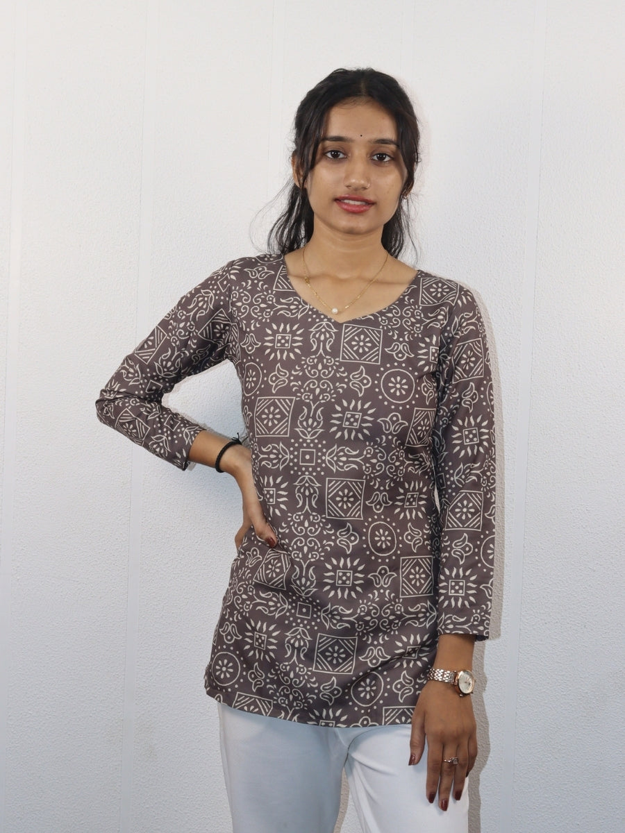 Elegant Brown Printed Kurti: Elevate Your Everyday Style with the Aaradhya V-Neck - Aanzri fashion